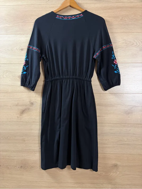 eShakti Cotton Embroidered Black Drawstring Waist Dress Size 4 - Image 8