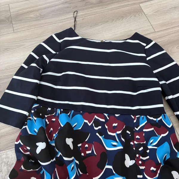 A Pea in the Pod Taylor Maternity Dress Navy Striped Floral Blue Burgundy Large - Image 2