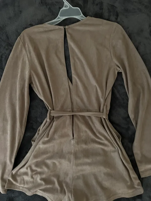 Love Riche Boutique Taupe Long Sleeve Suede Romper - Image 4