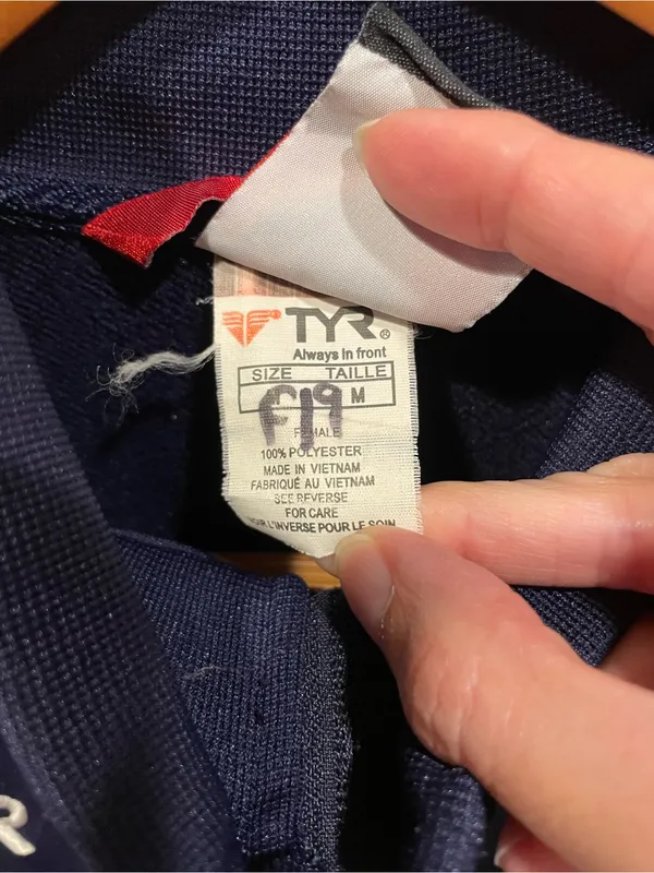 Cute navy white stripe TYR swim uniform jacket John Carroll team pockets - Image 4