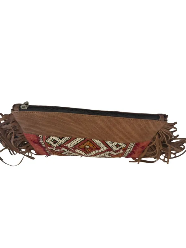 Gift From Morocco Brown Faux Leather Clutch Bag Purse Fringe Handbag Vegan - Image 12