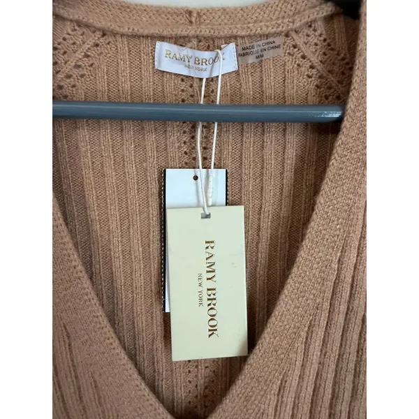 Ramy Brook Sweater NWT Women M Camel Ribbed V-Neck Wool Cashmere Balloon Sleeve - Image 5