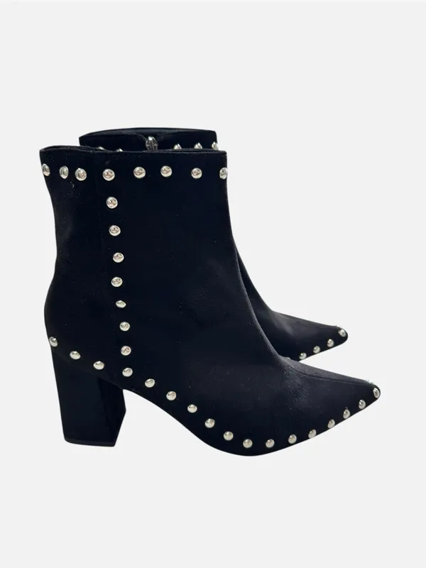 Black Faux Suede Studded Pointed Toe Block Heel Ankle Boots Size 10 10.5 42 - Image 5