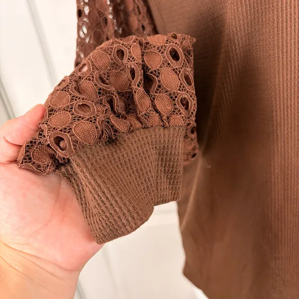 Miholl brown lace long sleeve waffle-knit top - Image 5