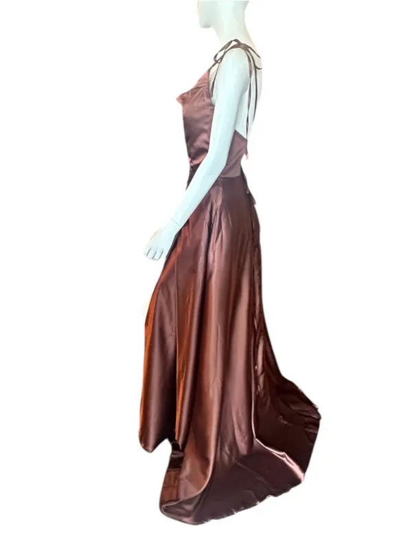Monvelli Satin Cowl Neck Evening Gown w/Thigh High Slit & Pockets Brown 12 NWT - Image 4