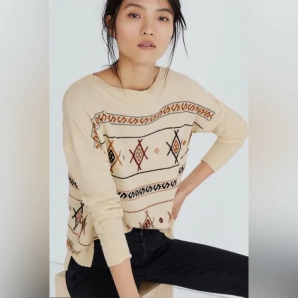 Madewell Embroidered Reseda Pullover Sweater in Cream Multi Size‎ Small - Image 8