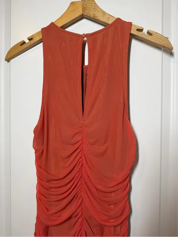 Lovers + Friends Ruched Sleeveless Midi Dress in Coral Red - Image 7