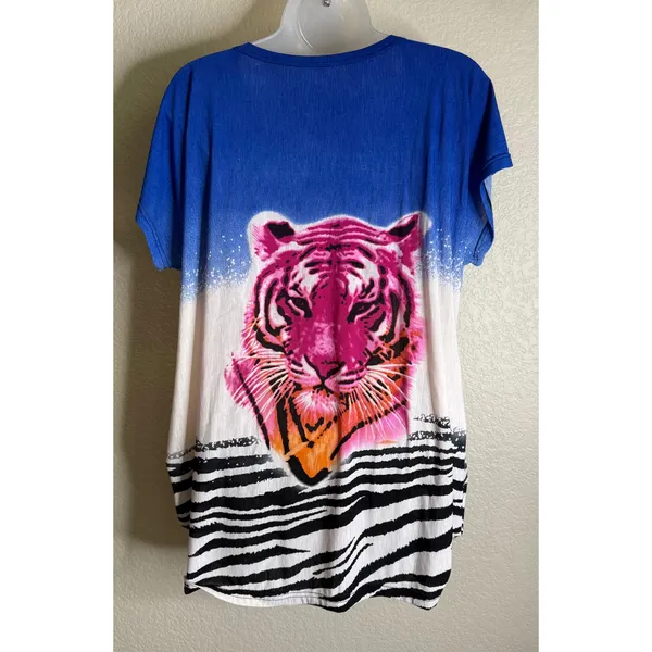 Womens M/L Tunic‎ Top Blouse Blue Pink Tiger Rhinestone Zebra Ombre Graphic - Image 2