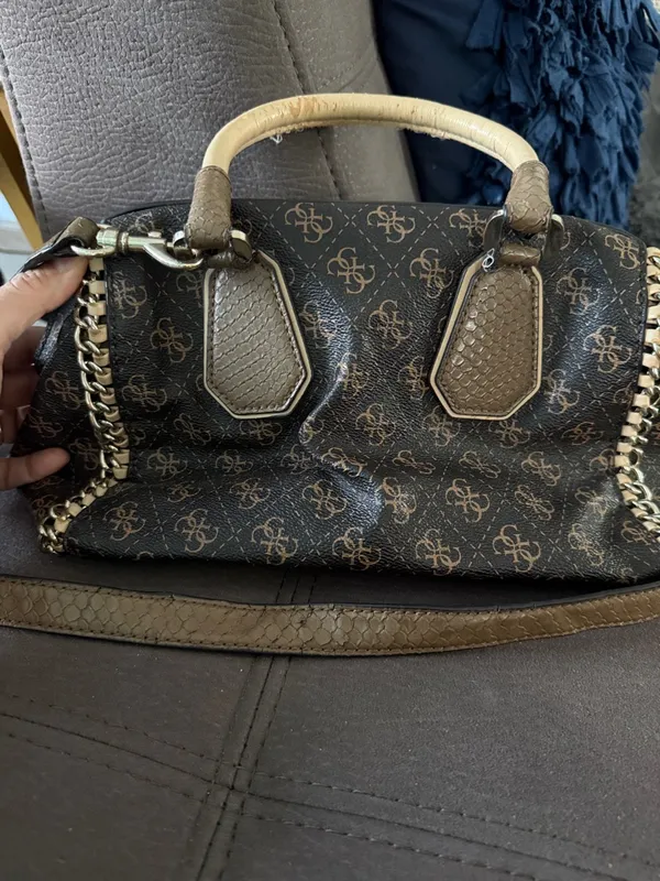 Vintage 2000s GUESS Brown &Tan Monogram Handbag/Shoulder Bag with Chain Detail - Image 9