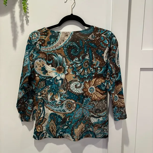 Uniform John Paul Richard Blue Brown Paisley Sequins Y2K Euro V-Neck Babydoll L - Image 6