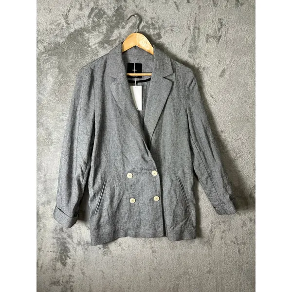 MNG Mango Linen Double Breasted Blazer Minimalist Coastal Chic Black White S New - Image 2