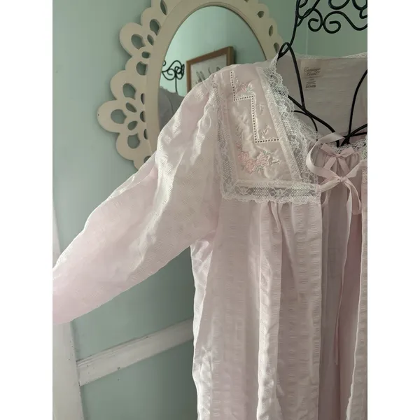 Vtg Carriage‎ Court Nightgown Womens Large Pink Lace Ruffle Long Sleeve Set - Image 6