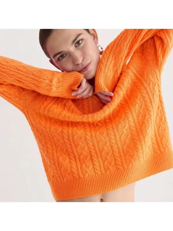 NWT J.Crew Cashmere Cropped Cable-knit Crewneck Sweater in Neon Orange S - Image 3