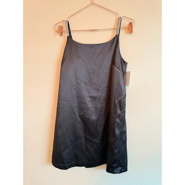 Open Edit Dress Women XS Black Rhinestone Strap Satin‎ Mini Slip ED516915MI NWT - Image 3