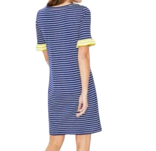 Boden Blue White Striped Vneck Mini Dress Yellow Ruffle Sleeve 8 8L Tall Coastal - Image 5