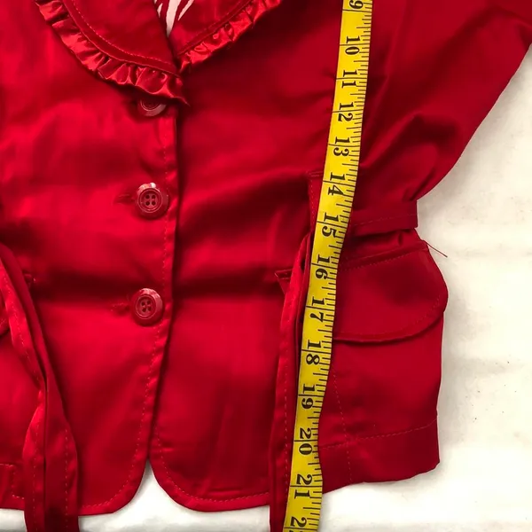 2000s Y2K Romantic Red ruffle button up fitted blazer blouse shirt belted waist short sleeve #whimsygoth #coquette Size L- Measurement in pics - Image 6