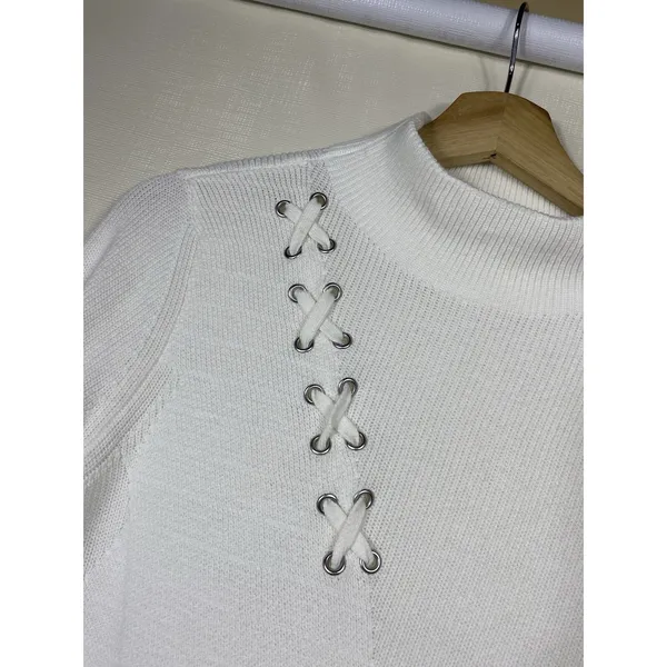 Chicos White Cashmere Cotton Pullover‎ Sweater Sz 2 L High Neck Ribbed Minimal - Image 3