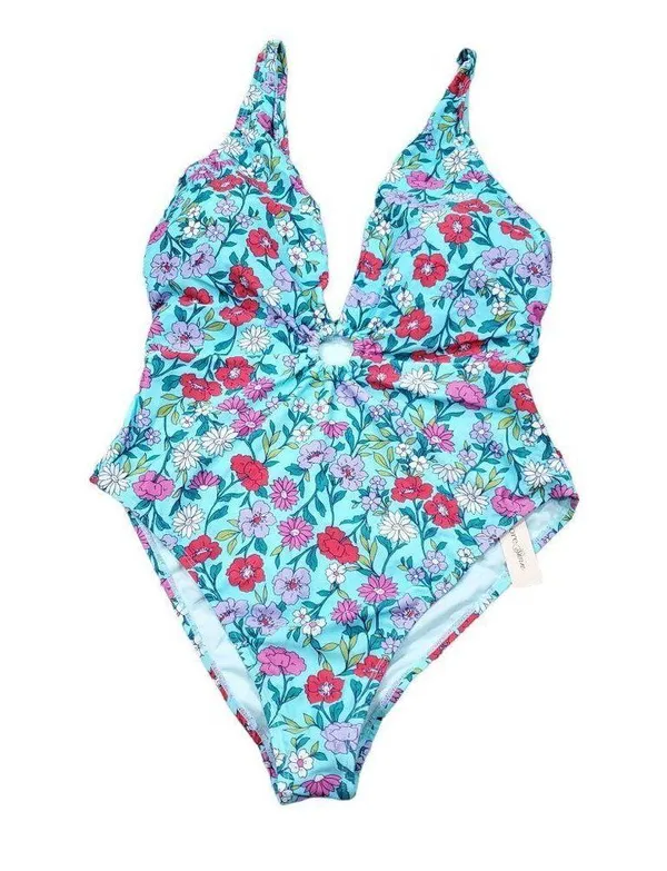 Nanette Lepore Swim Plunging Floral One Piece Swimsuit Light Blue Size 12 - Image 2