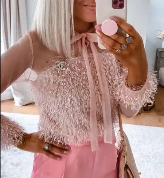 Blush Pink Contrast Mesh Tie Neck Shaggy Fringe Blouse - Image 14