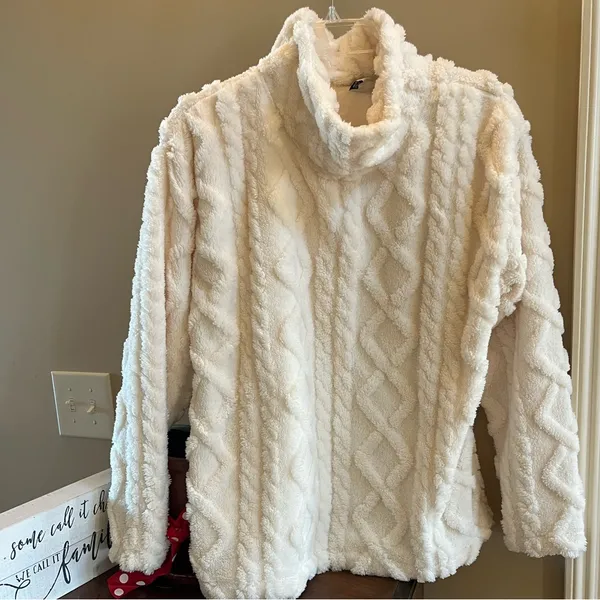 Eddie Bauer So Comfy Blanket Sweater Turtleneck Off White Cable Knit Fleece New - Image 5