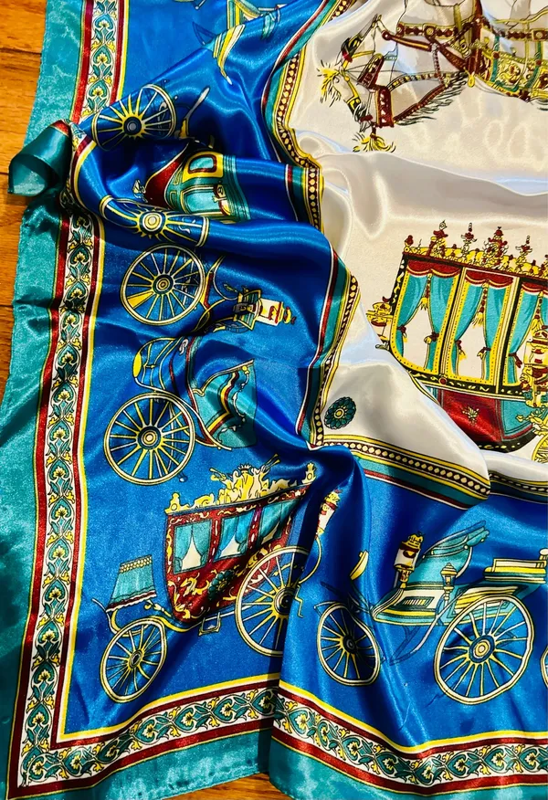 VINTAGE EQUESTRIAN horse&carriage ROYAL BLUE silky SCARF 35’/35’ inches - Image 3