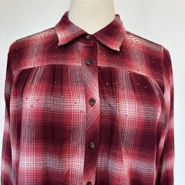 Shyanne Maroon Plaid Long Sleeve Rhinestone Embellished Open Back Button Down - Image 2