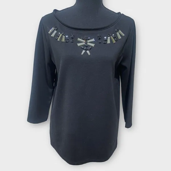 Ann Taylor Black Jewel Neck 3/4 Sleeve Blouse Size Medium - Image 2
