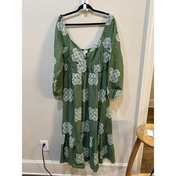 CIEBON Serbita green white Embroidered tiered peasant Dress Size Small Linen - Image 4