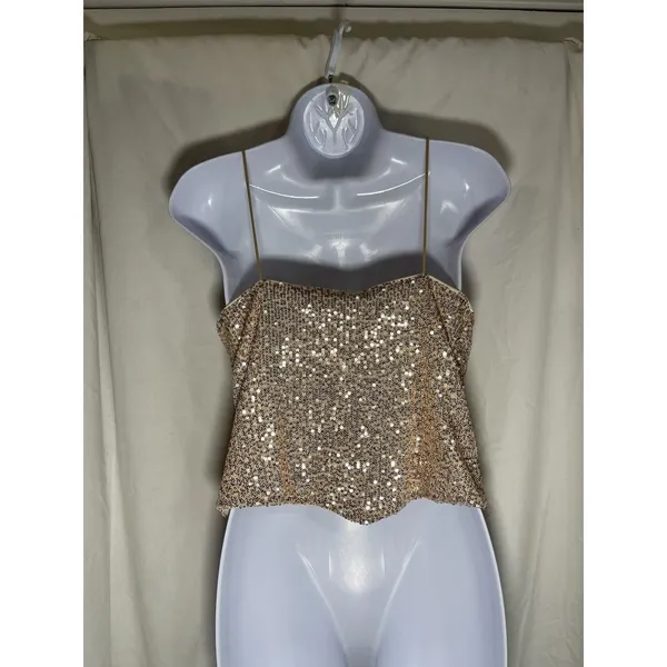 Sparkly Rose Gold Sequin Camisole Cowl Neck Tank Top Cropped Party Clubwear - M - Image 2