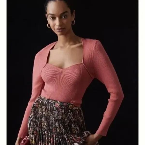 Anthropologie Pilcro Light Pink Cropped Bustier Square Neck Sweater Top Size XS - Image 2