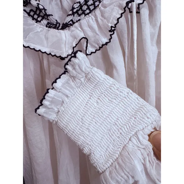 Cleobella Organic Cotton Smocked Ruffle Blouse Womens Small White Navy Tassel - Image 5