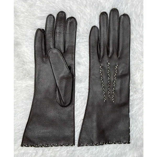 1970s Brown Deerskin Leather Gloves Contrast Whipstitch Size 7 - Image 3