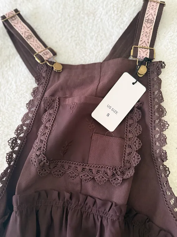 NWT Brown Tiered Lace Trim Mini Dress Size Small Boho Cottagecore - Image 2