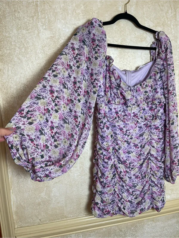 ASTR The Label Floral Ruched Puff Sleeve Mini Dress Purple Sz L Fairy Whimsical - Image 13