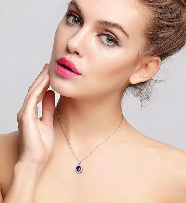 18K White Gold Plated Diamond Blue Gemstone Sapphire Pendant Necklace for Women - Image 5