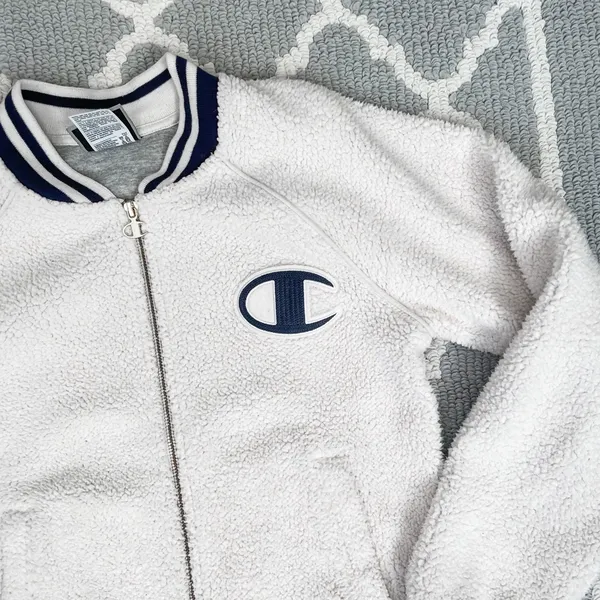 Champion cream Sherpa varsity bomber sporty jacket with logo - Image 4