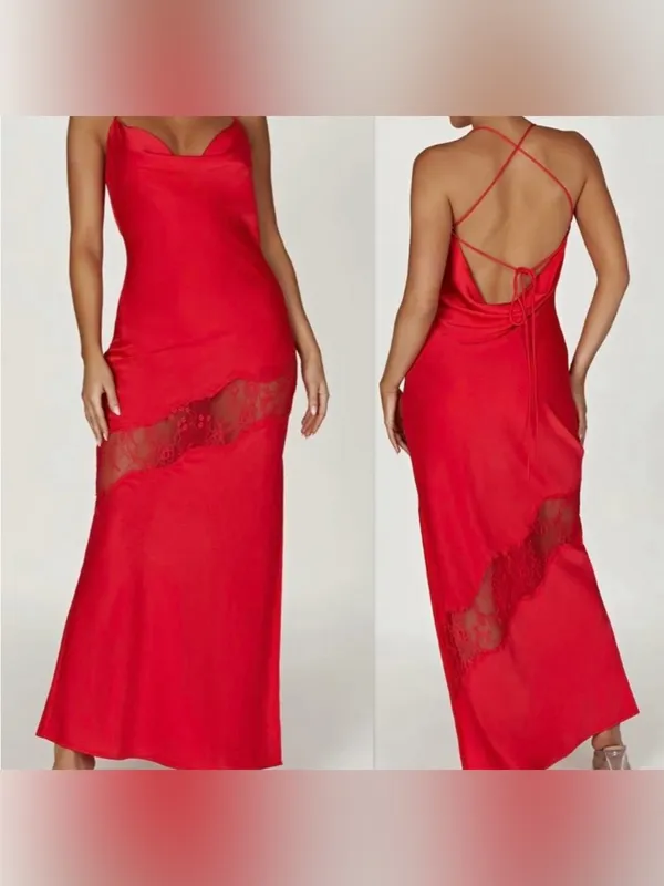 Meshki Chandra Lace Satin Maxi Red Dress Size Small‎ NEW romantic satin strappy - Image 2