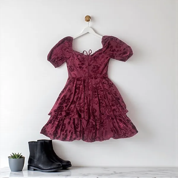 City Vibe Dress Velvet Floral Sweetheart Neck Puff Sleeve Tiered Maroon Size‎ 0 - Image 2