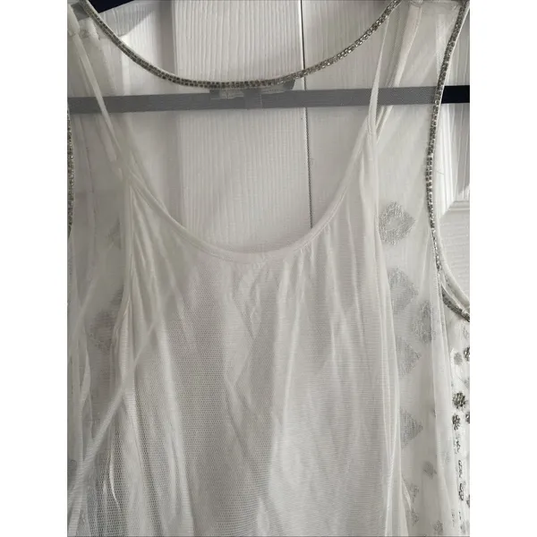 Teen Angel Bugle Beaded Tank Womens Size XS White Silver Mesh‎ Y2K Glam Sparkle - Image 7