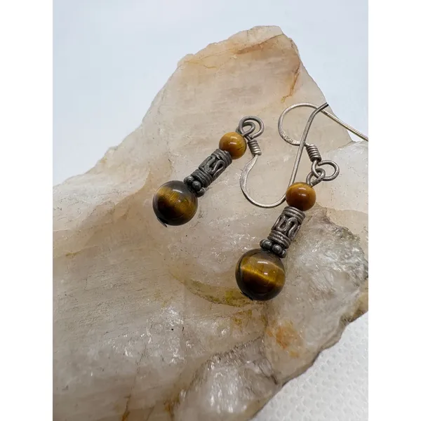 Vintage Sterling Silver 925 Tigers Eye Dangle Drop Earrings Bali Style Boho - Image 2