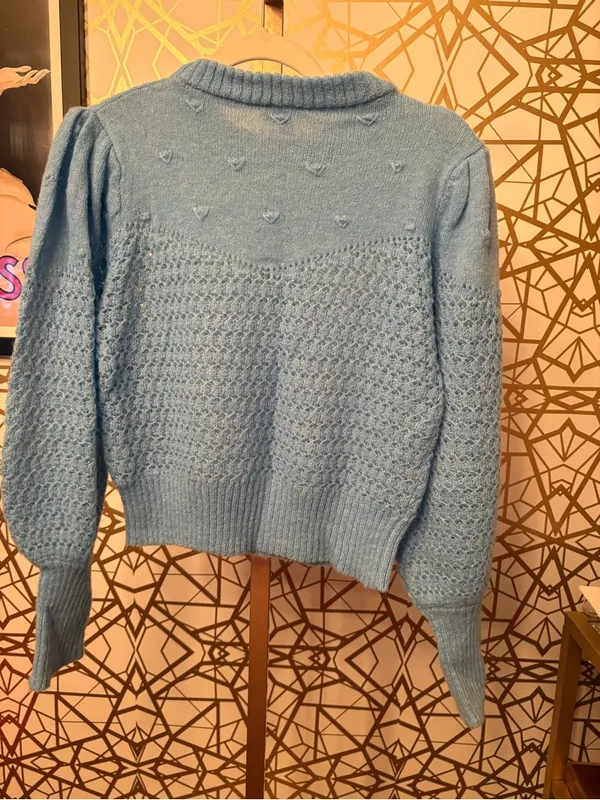 Stellah light blue crewneck pointelle knit sweater, Medium - Image 4
