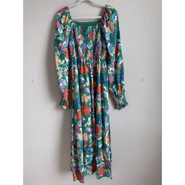 PRETTYGARDEN Green Tropical Floral Maxi Dress Smocked Cuff Square‎ Neck Boho M - Image 4