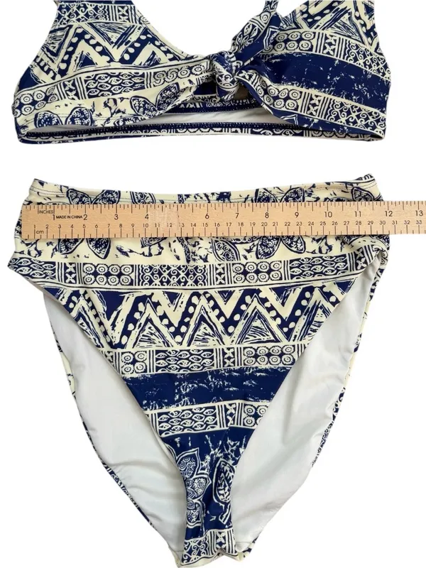 Urban Outfitters Navy and Cream High Waisted Bikini Set - Image 6