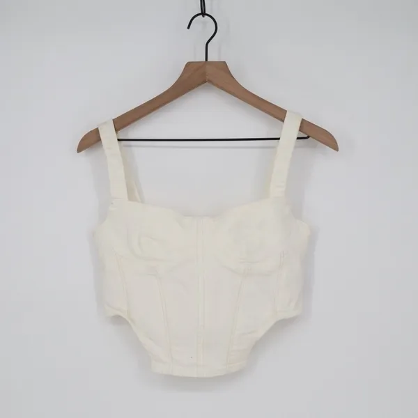 Zara Corset Top Womens Large White Denim Cotton Stretch Back Zip Wide Strap - Image 2