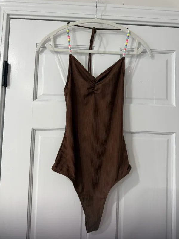 Just Polly Womans Sz Medium Brown Beaded Ribbed Thong Bodysuit Top Retro New - Image 2