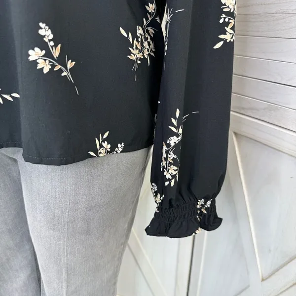 J. Crew Floral Smocked Ruffle Trim Blouse Black‎ Tan Large - Image 6