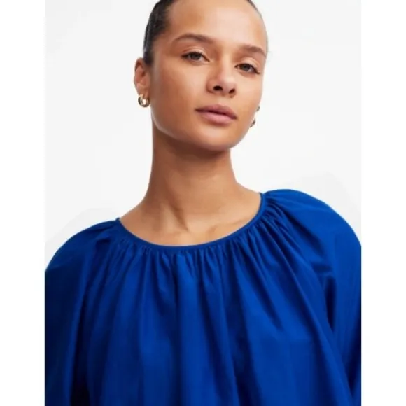 Madewell Top Womens Small‎ Blue Shirred Puff Sleeve Top Cotton Silk NV194 - Image 5