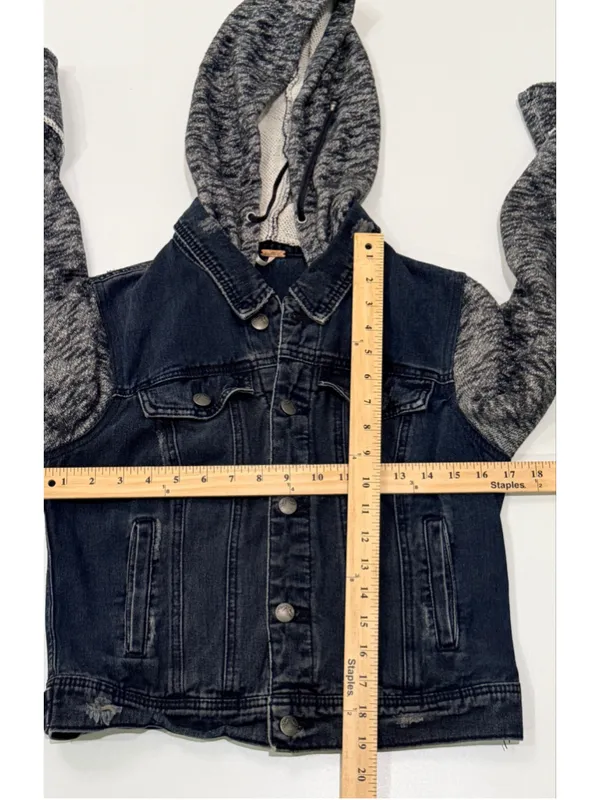 Free People Denim Knit Sleeve Hooded Jacket Distressed Dark Wash h - Image 4