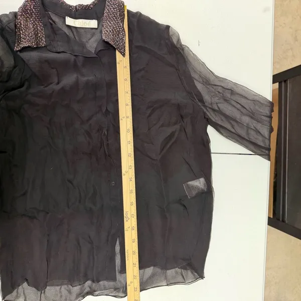 Chloé Size S 4 Blouse Black Semi Sheer Button Up Metallic Copper Sequin‎ Collar - Image 16