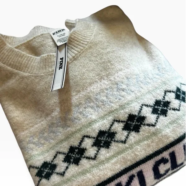 Victoria's Secret PINK Ski Club Intarsia Argyle Sweater Cream XL New Soft Cozy - Image 2